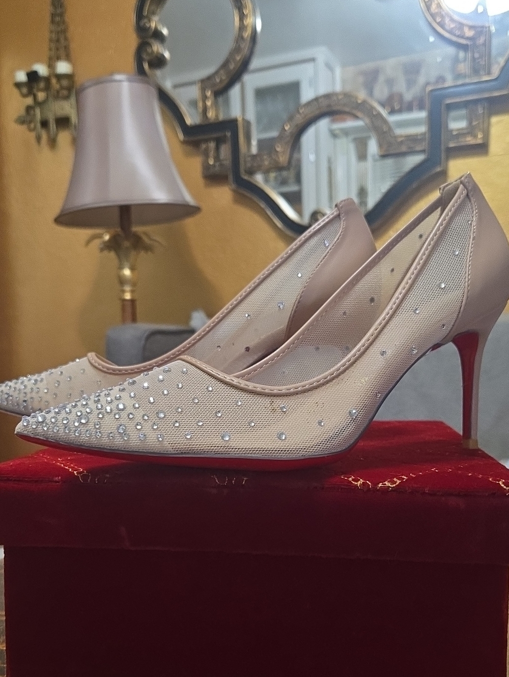 Elegant Nude Crystal Mesh Pointed-Toe Pumps. 3 Inch Heel. Eversole Red.
